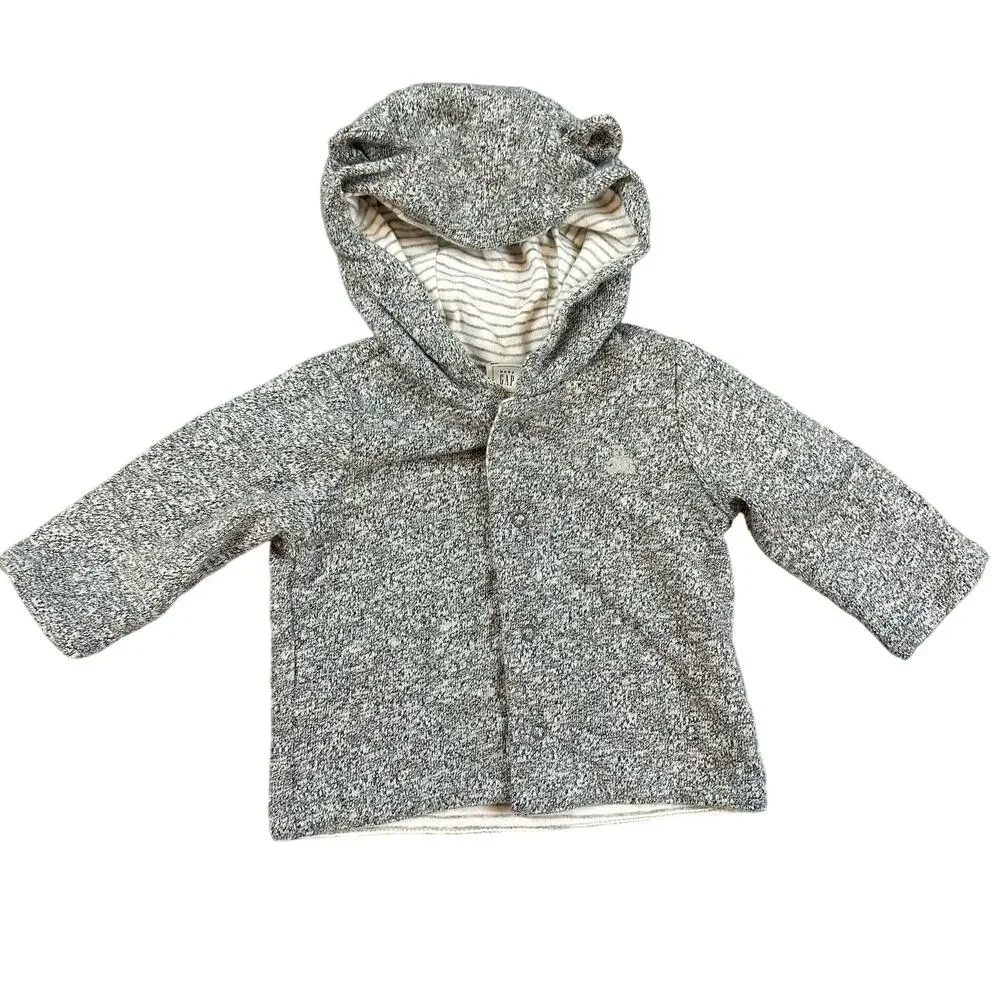 Baby Gap Teddy Bear Ears Knit Hoodie Reversible Stripes Newborn 0-3 Months